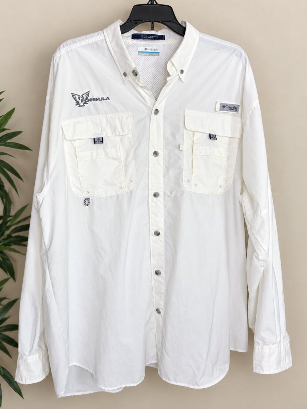 Columbia PFG Bahama Mens L White Fishing Shirt Formula Boats Embroidered